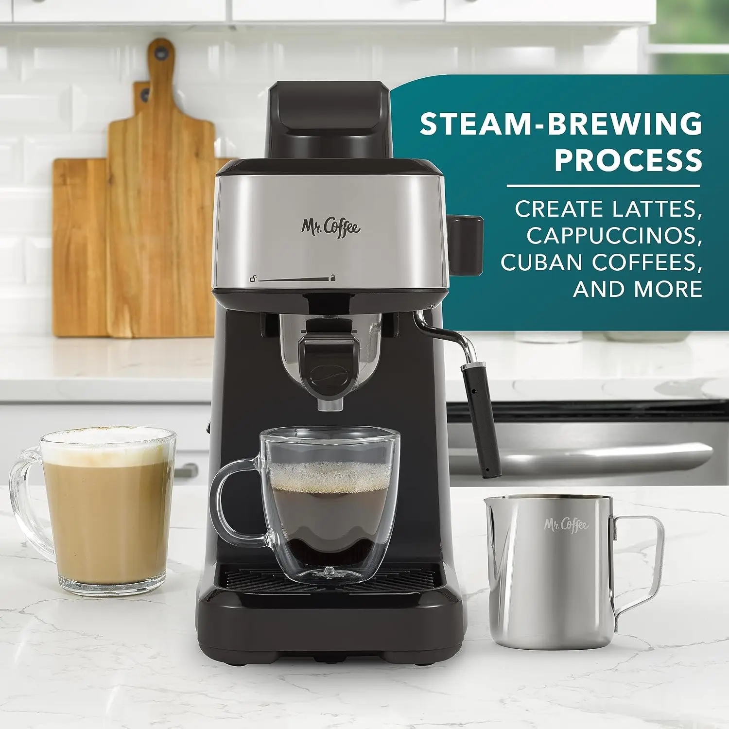 Steam Espresso, Cappuccino & Latte Maker with 4-Shot Capacity and Stainless Steel Frothing Pitcher