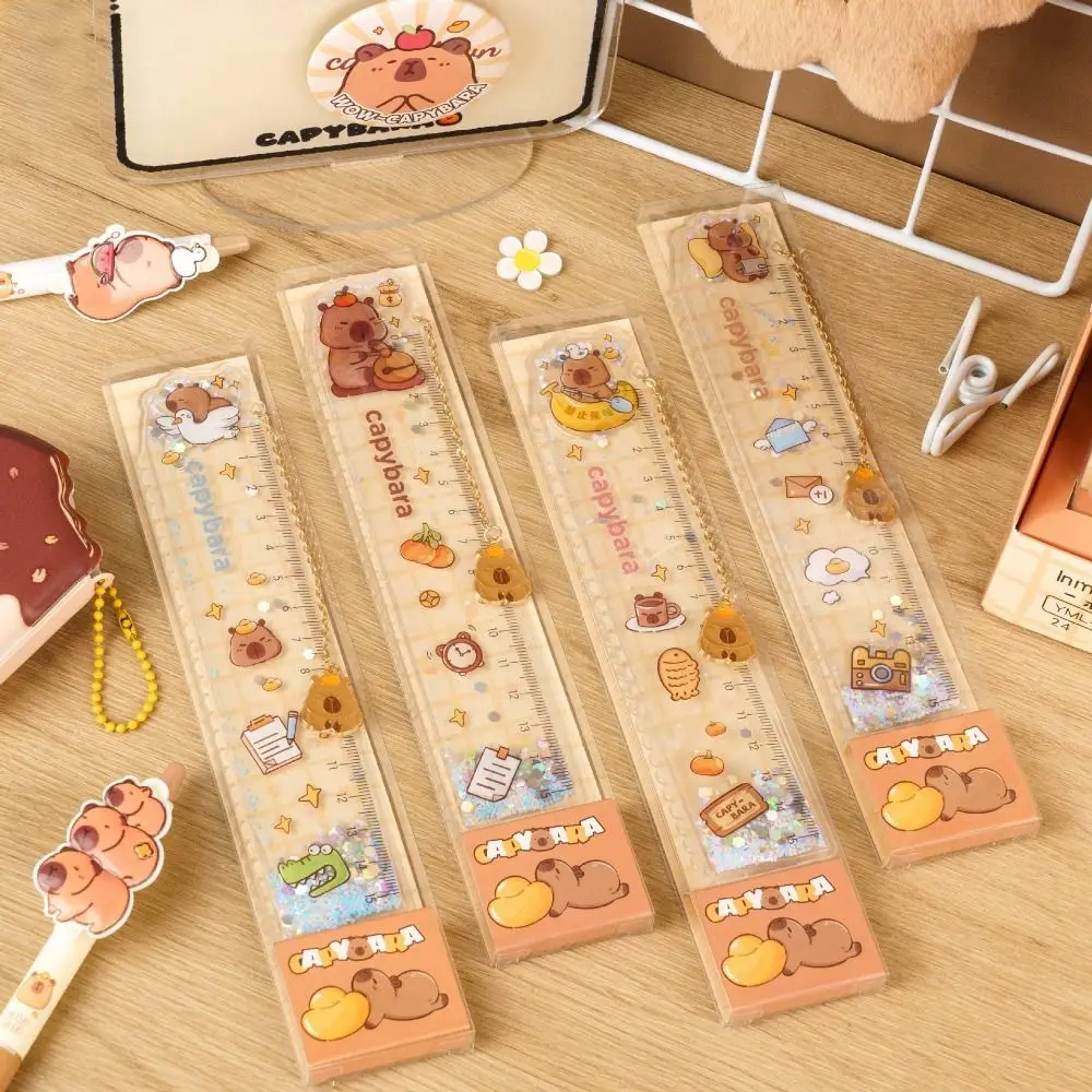 New Capybara Straight Ruler 15cm with Pendant Measuring Ruler Cartoon Quicksand Straightedge Drawing Tools