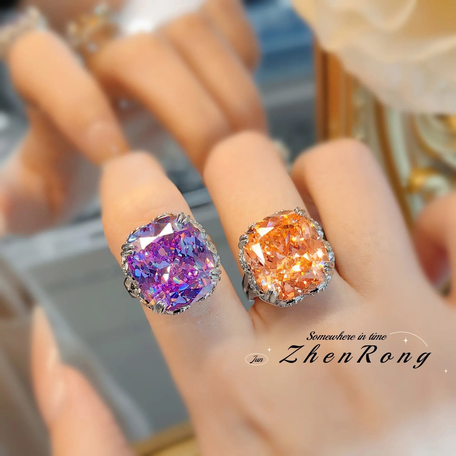 Light Luxury Paparrachal Flower Cut the Ring inlaid Purple Gear High Carbon Diamond Operation Sweet and Fashion Retro Girls