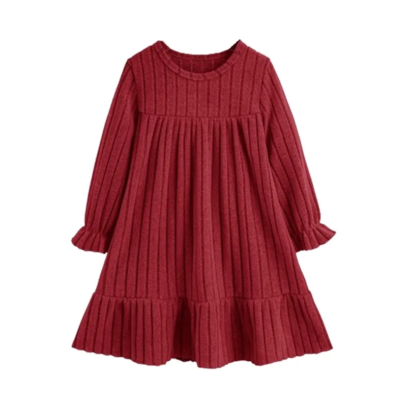 

Little Girl Fall Dress Solid Color Round Neck Long Sleeve A-line Ruffle Dress Cute Streetwear