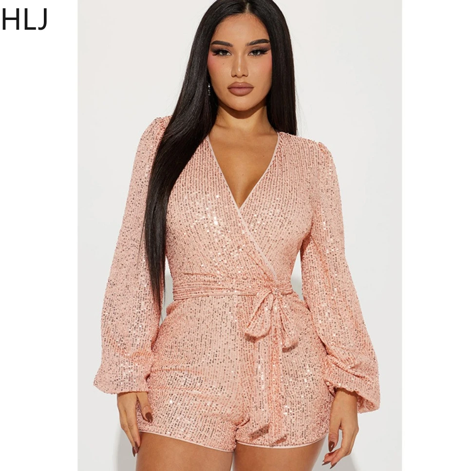 HLJ Elegant Lady Sequin Lace Up Slim Rompers Women V Neck Long Sleeve Bandage Jumpsuits Fashion Female Commuting Playsuits 2024