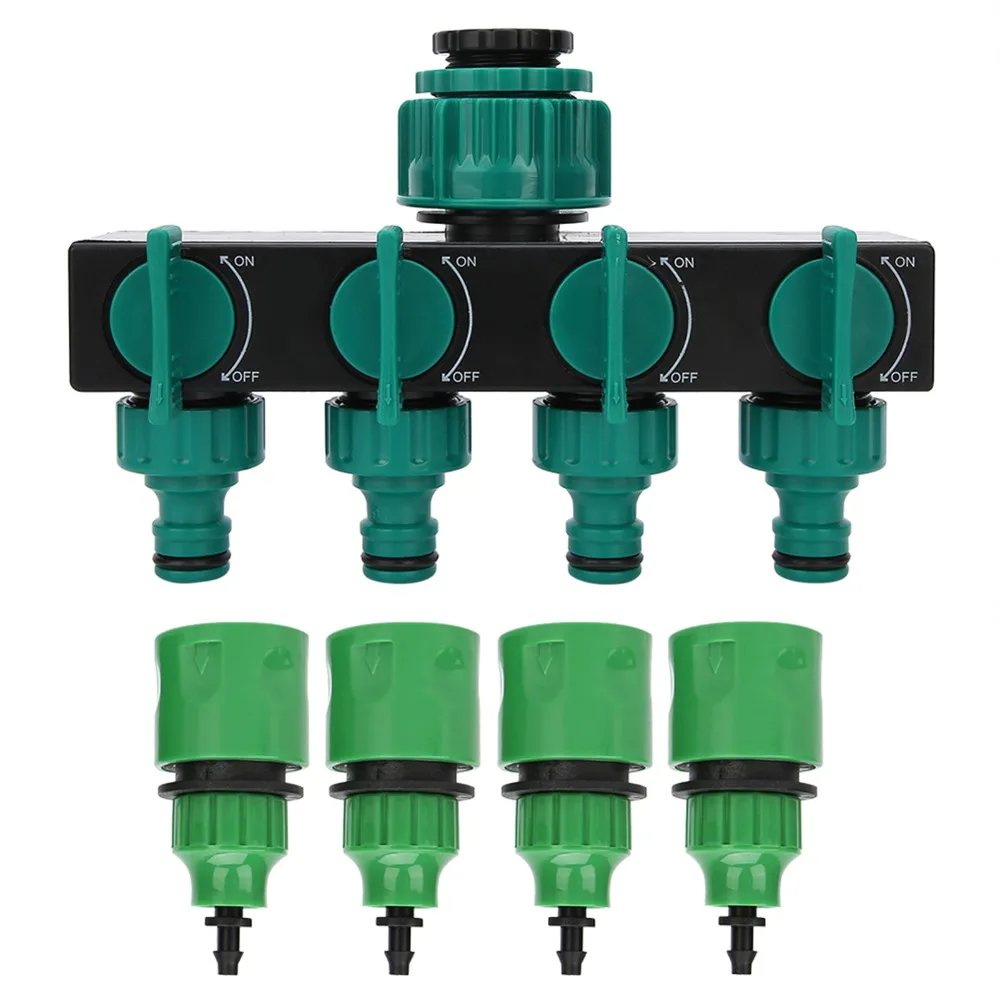 Plastic Garden Hose Splitter 4 Way Outlet Independent Control Hose Splitter Green 1/2 Inch Inlet Water Spigot Splitter