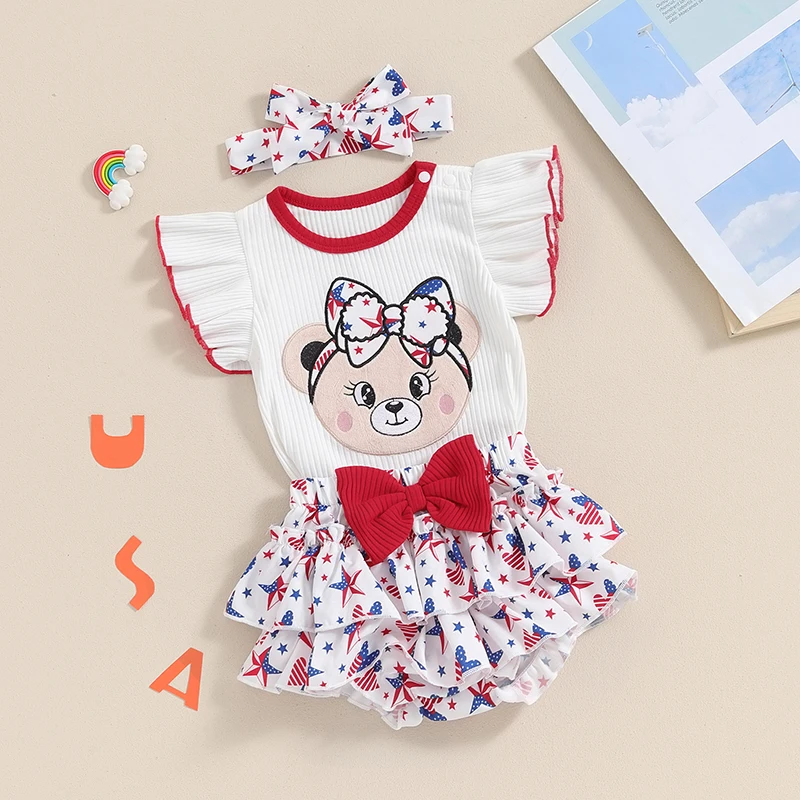 4th of July Baby Girl Outfits Patriots Day Newborn Clothes Ruffle Sleeve Ribbed Romper Tutu Bloomers Shorts Sets