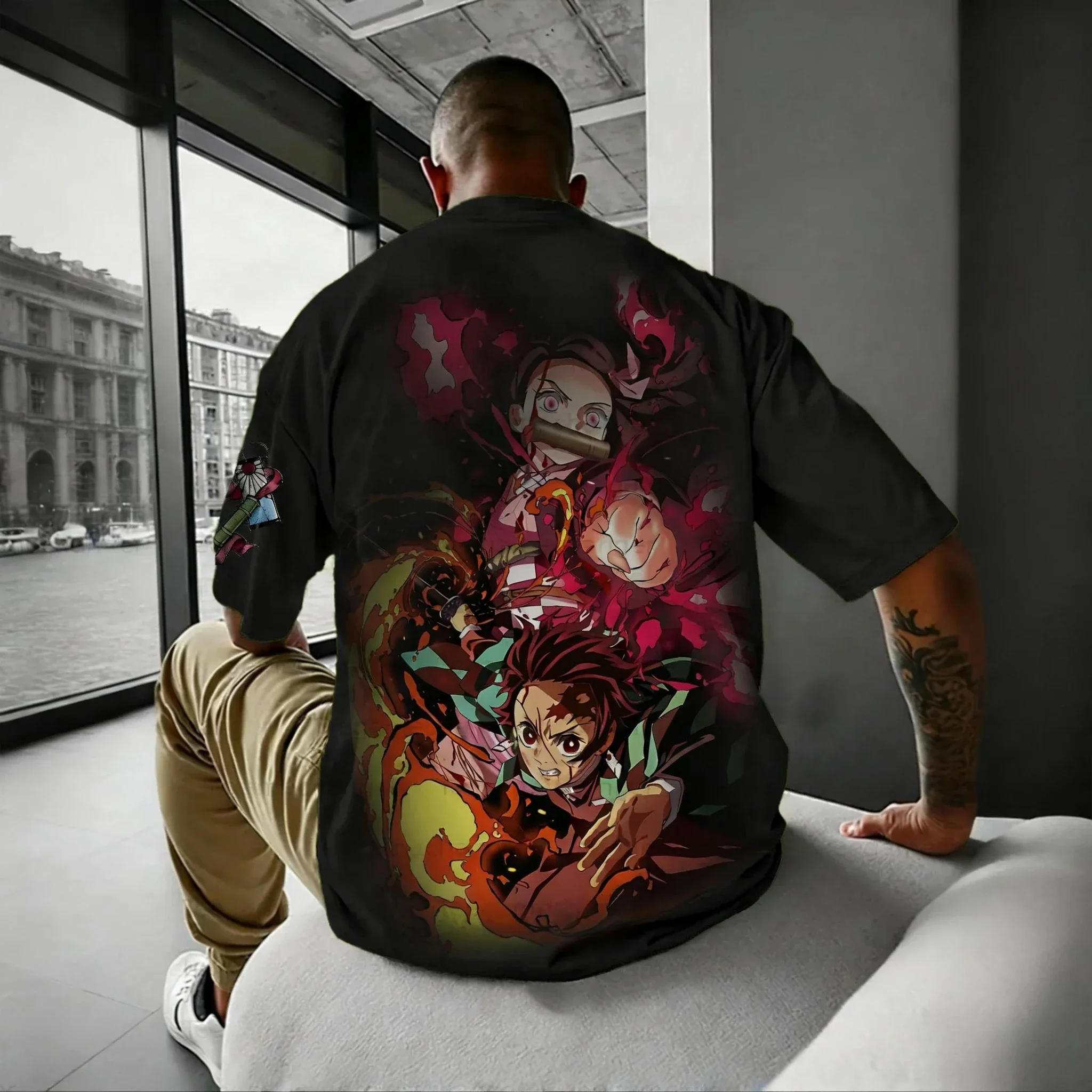 

Demon Slayer Anime Trendy Parent Child T-shirt 2025 Men's Summer New Original Color Printed Large Casual Loose Short Sleeve Top