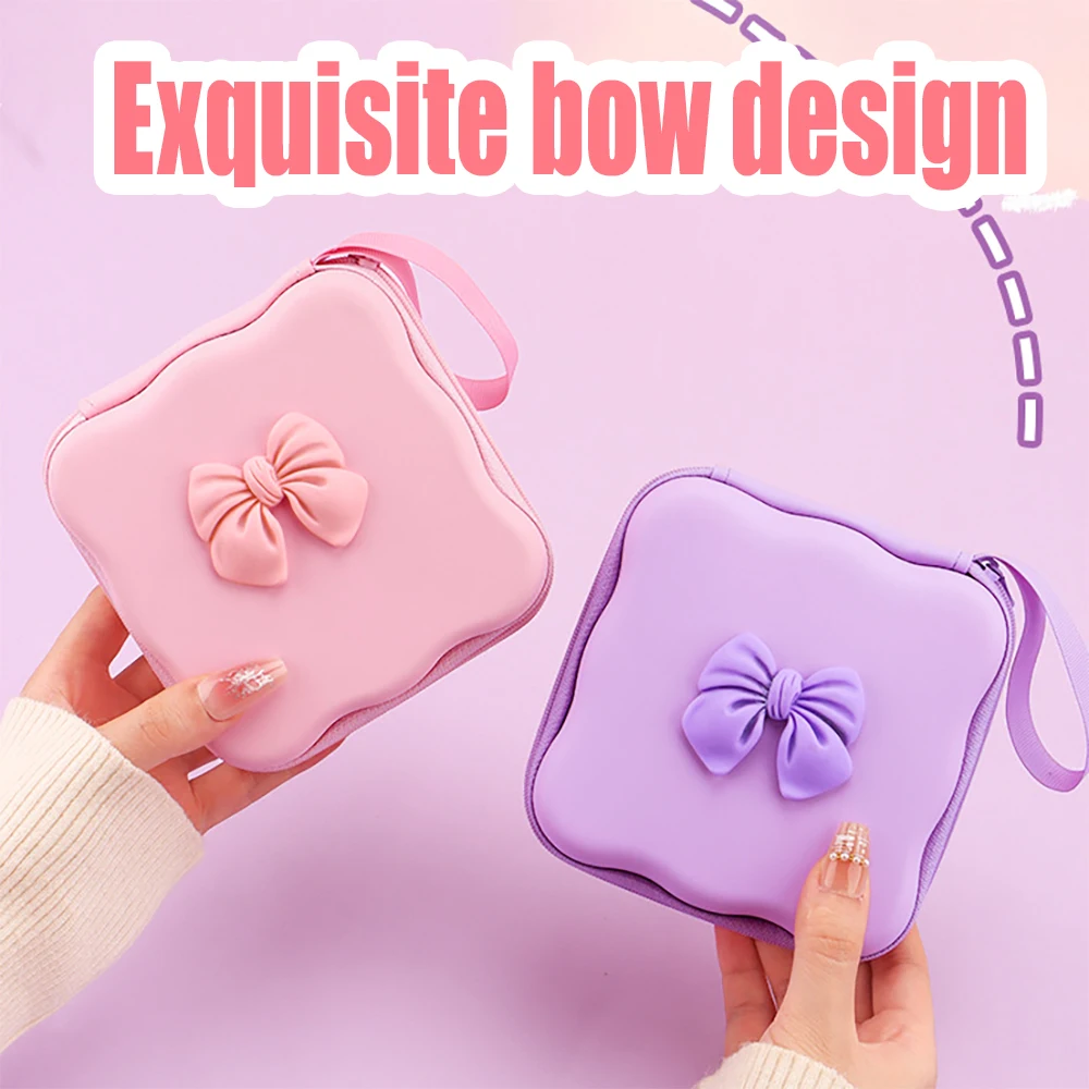 Pastel Color Bow‑Decor Wavy‑Square EVA Storage Pouch Anti‑Collision Portable Zipper Bag For Jewelry Earbuds Cosmetic Trinkets