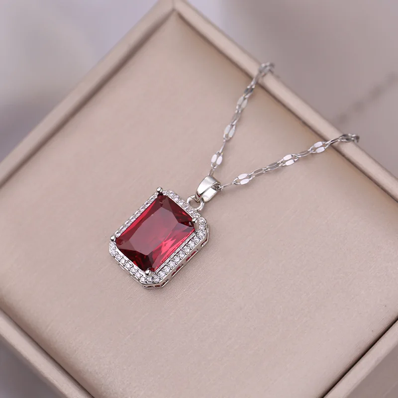 4-piece Set Luxury Red Zircon Geometry Pendant Necklace Earrings Set Banquet Wedding Anniversary Gift Women\'s Jewelry Set Gift