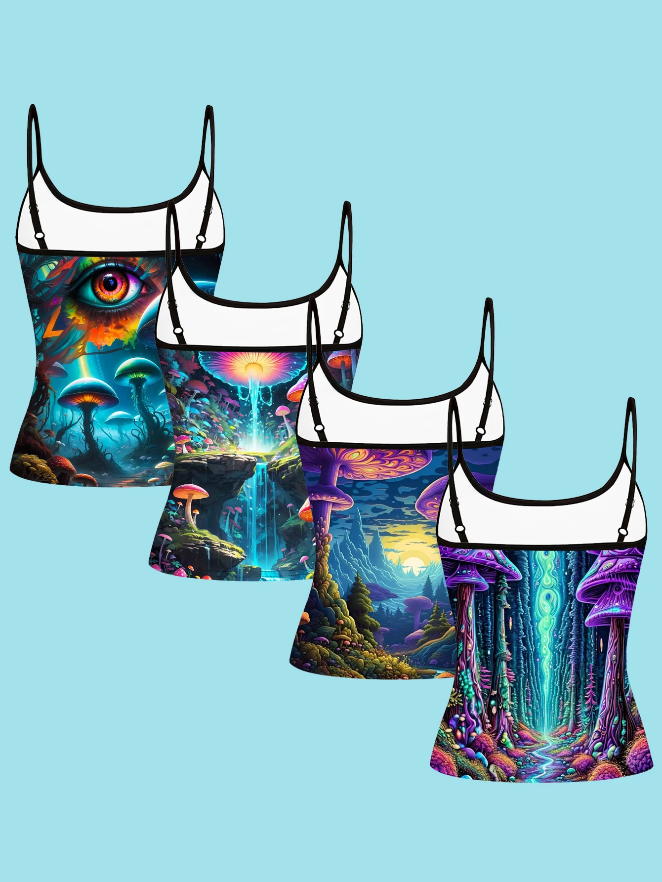4-Piece Set of Women's Psychedelic Mushroom Forest Print Camisoles, Fantasy All-Seeing Eye Waterfall Secret Realm Slim-Fit Spaghetti Strap Inner Tops