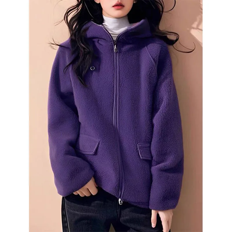 

New 2026 Spring Autumn Winter Hoodie Women Hoodies High End Purple Lamb Plush Hoodie Coat Loose Warm Thick Zipper Jacket Top