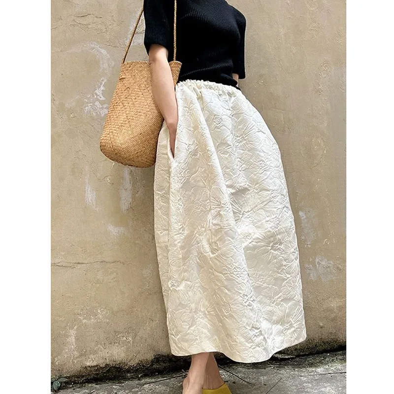 2024 New Arrival Spring/summer Arts Style Women Casual Loose Fit Elastic Waist A-line Jacquard Design Ankle-length Skirt P02