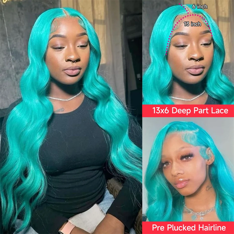 Teal Blue Human Hair Wig Colored Body Wave Lace Front Wig Pre Plucked 13x6 Hd Lace Frontal Wig Remy 220% Density Mint Green Wig image 3
