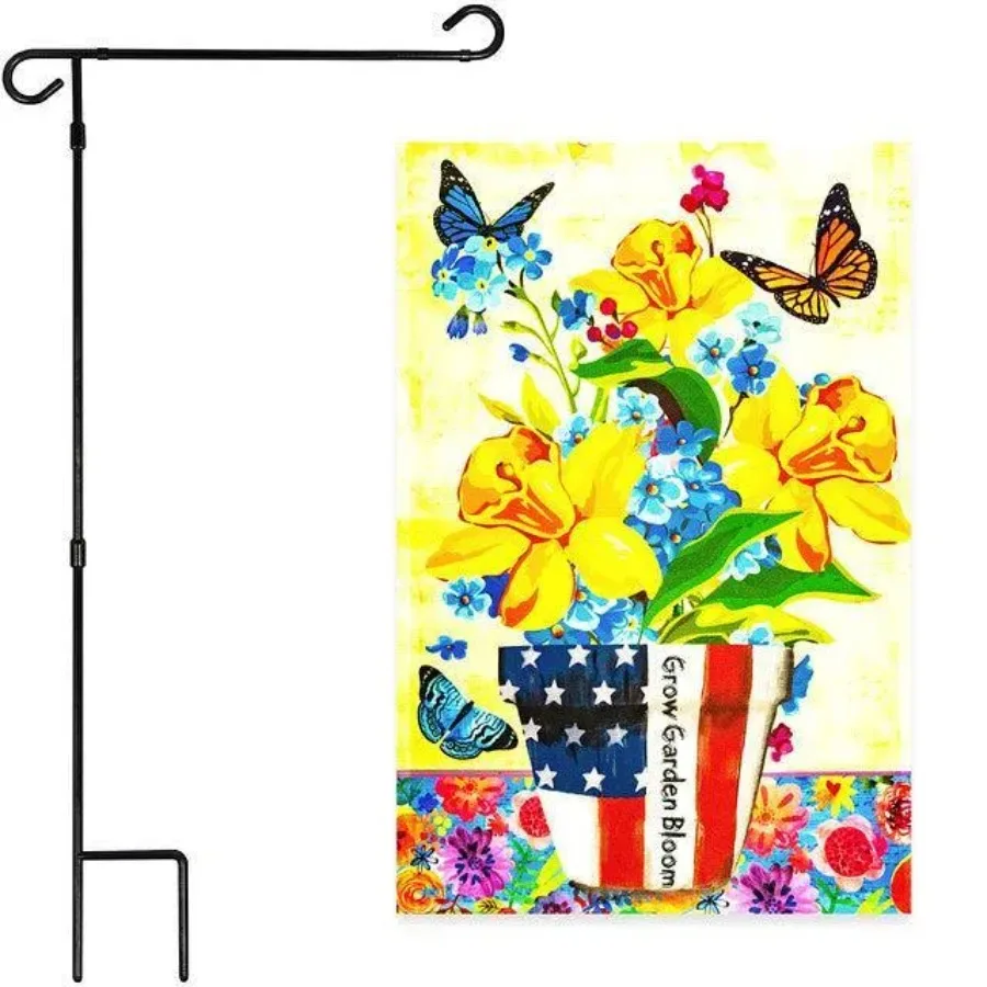 

Combo Pack Garden Flag Stand Black 36x16 Inch and Garden Flag Garden Spring Bloom USA Flower Pot with Butterflies 12x18 Inch