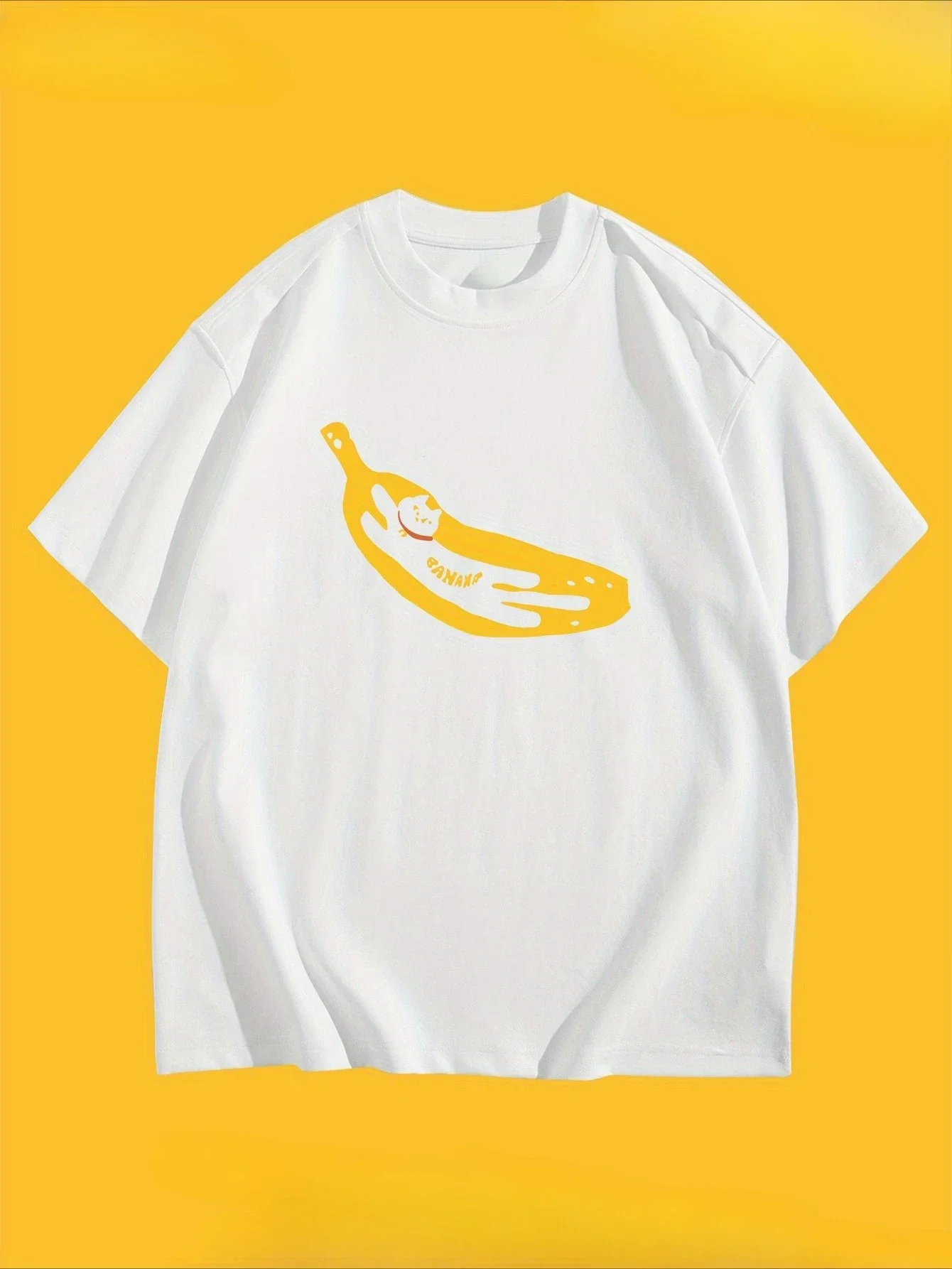 Creative Cat Banana Pattern Printed Summer Women's T-shirt Top Short Sleeve Round Neck Casual Women's Summer Clothing