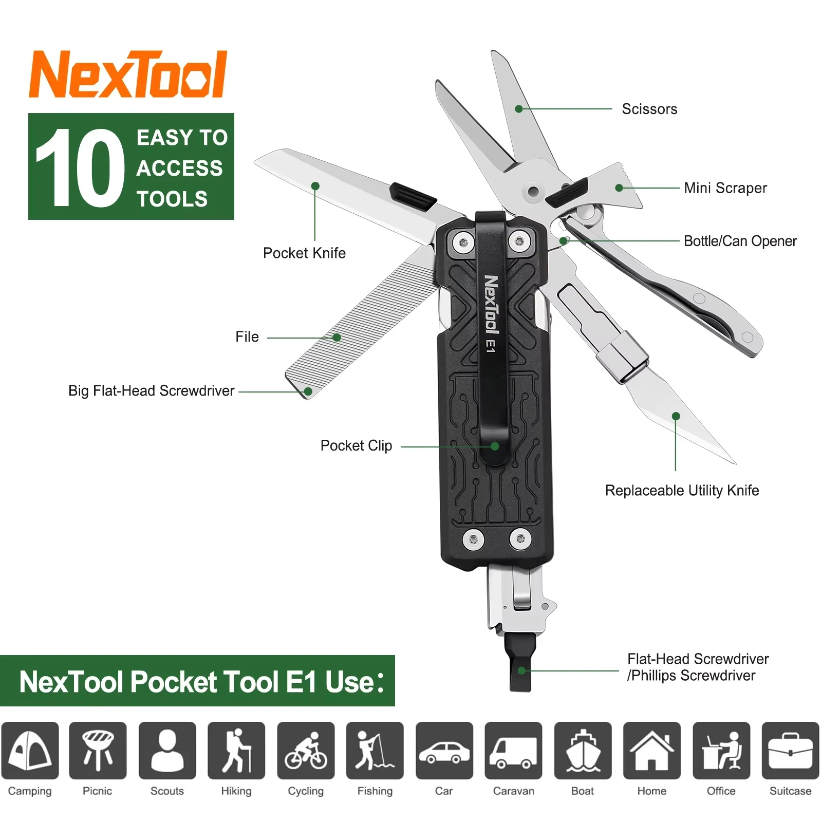 NexTool Pocket Multitool E1 10 In 1 Folding Multi Functional Tools Replaceable Carving Knife  EDC Hand Equipment