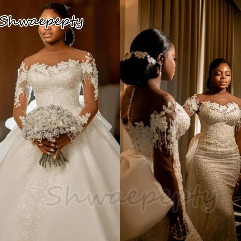 

2 In 1 Sequined Mermaid Wedding Dress With Detachable Skirt Illusion Long Sleeves Customized African Bride Wedding Gown Bow Back