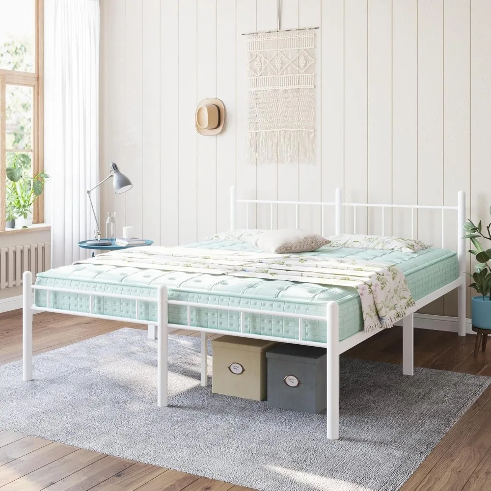 إطار سرير بحجم كوين مقاس 14 بوصة لا حاجة إلى صندوق زنبركي، منصة معدنية مع لوح أمامي ولوح للقدمين، شرائح شديدة التحمل تدعم سهلة الاستخدام