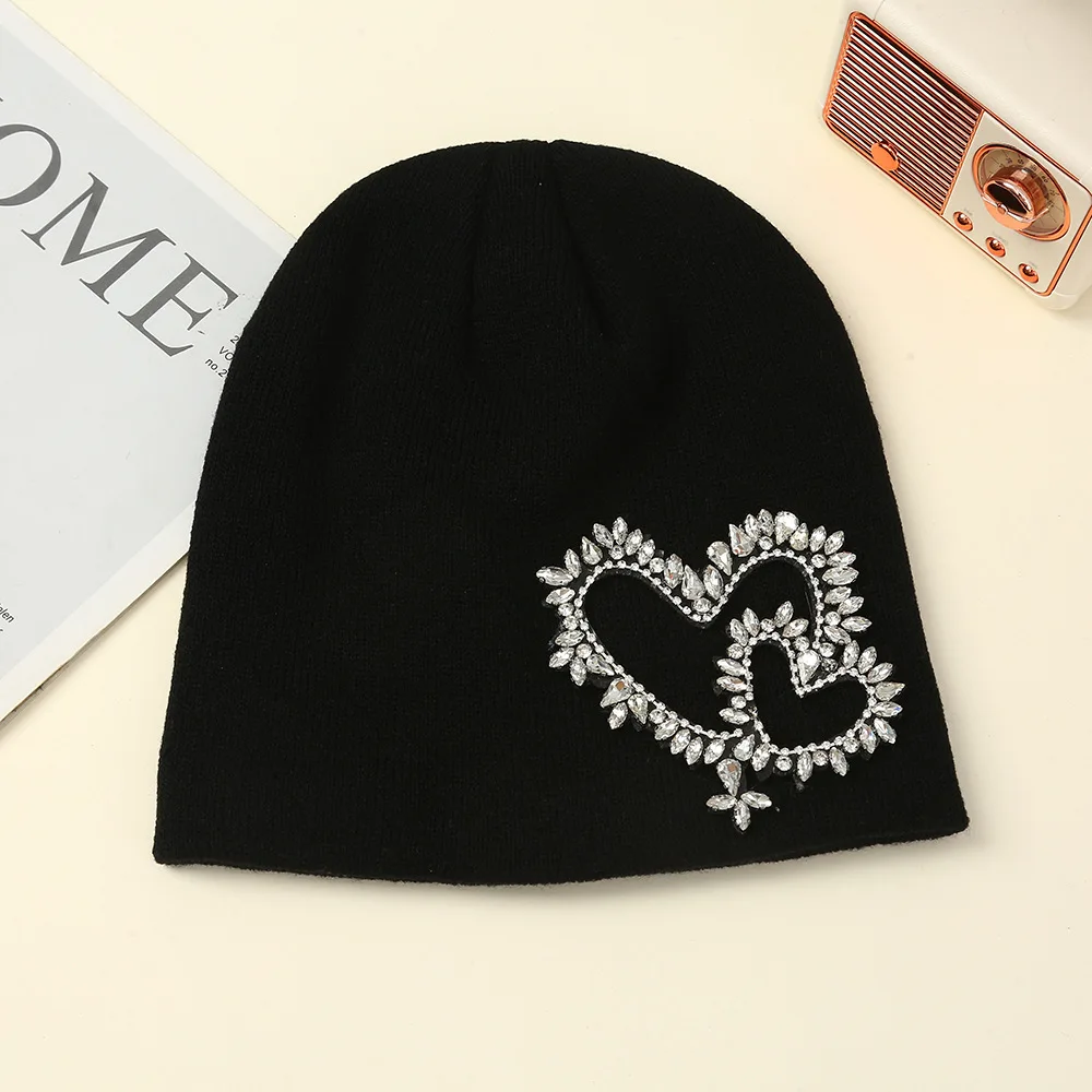 Women's Love Heart Diamond Fashionable Tidal Current Versatile Warm Knitted Hats