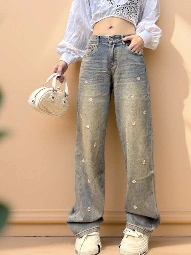 

Джинсы Waed Denim с высокой талией, широкими штанинами, вышивкой цветами и стразами, прямого кроя, весенняя мода, женские, премиум-класса