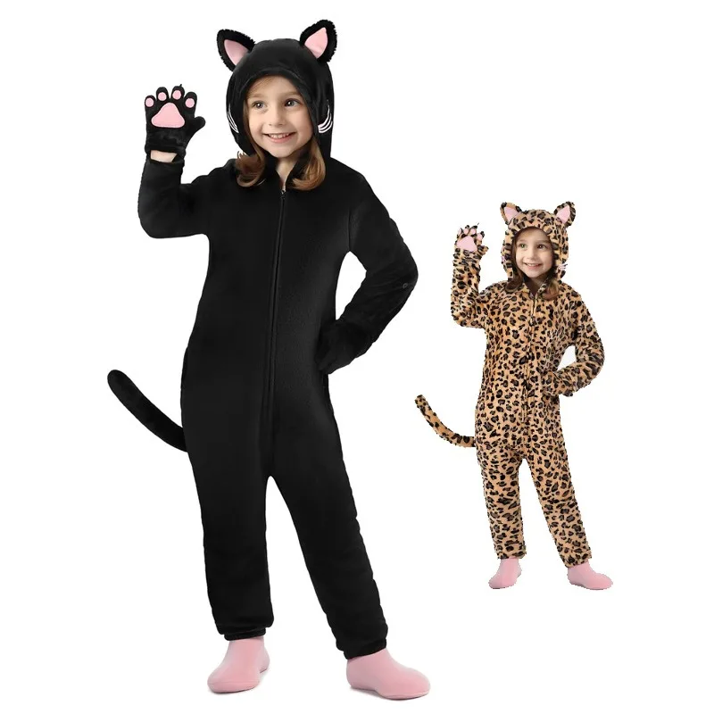 Karneval Weihnachten Kinder Schwarze Katze Leopard Cosplay Kostüm Kinder Anime Pyjamas Tier-Onesies Kigurumi Halloween Overall