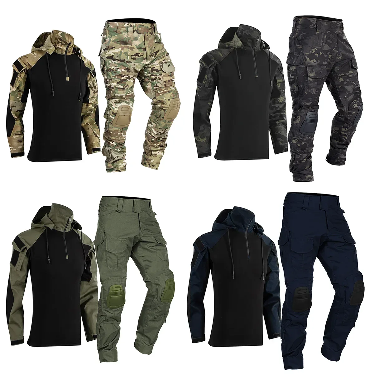 Tute tattiche per paintball Abbigliamento da lavoro Uniforme Multi tasche Camicie mimetiche da combattimento con cappuccio Ginocchiere cargo