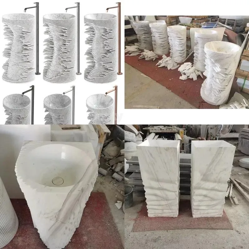 Unique Modern Style Villa Bathroom Natural Stone Marble Pedestal Sink Italian White Cara Block Marble Basin for Interior