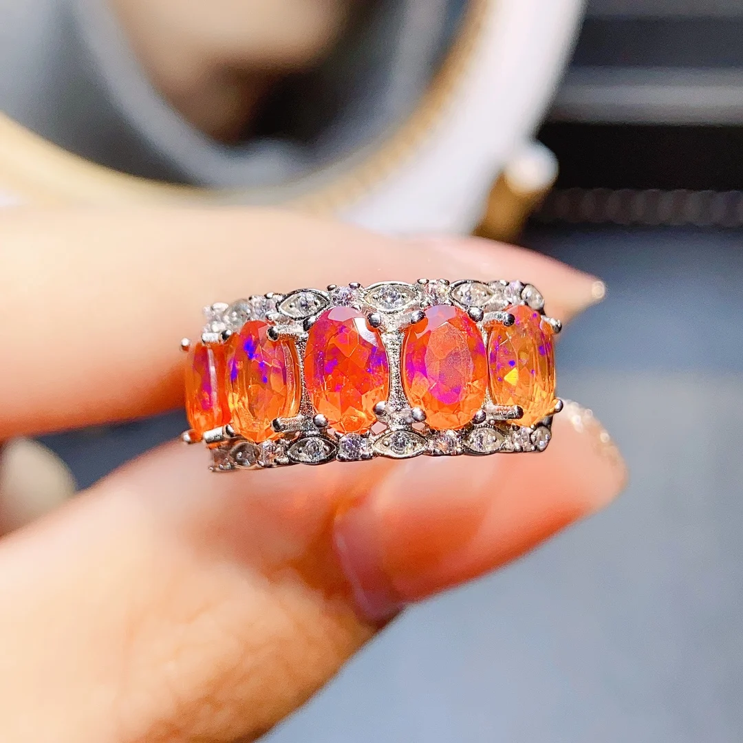 

Beautiful 4x6mm Natural Red Orange Opal Ring 925 Sterling Silver Women's Engagement Promise Rings For Gift