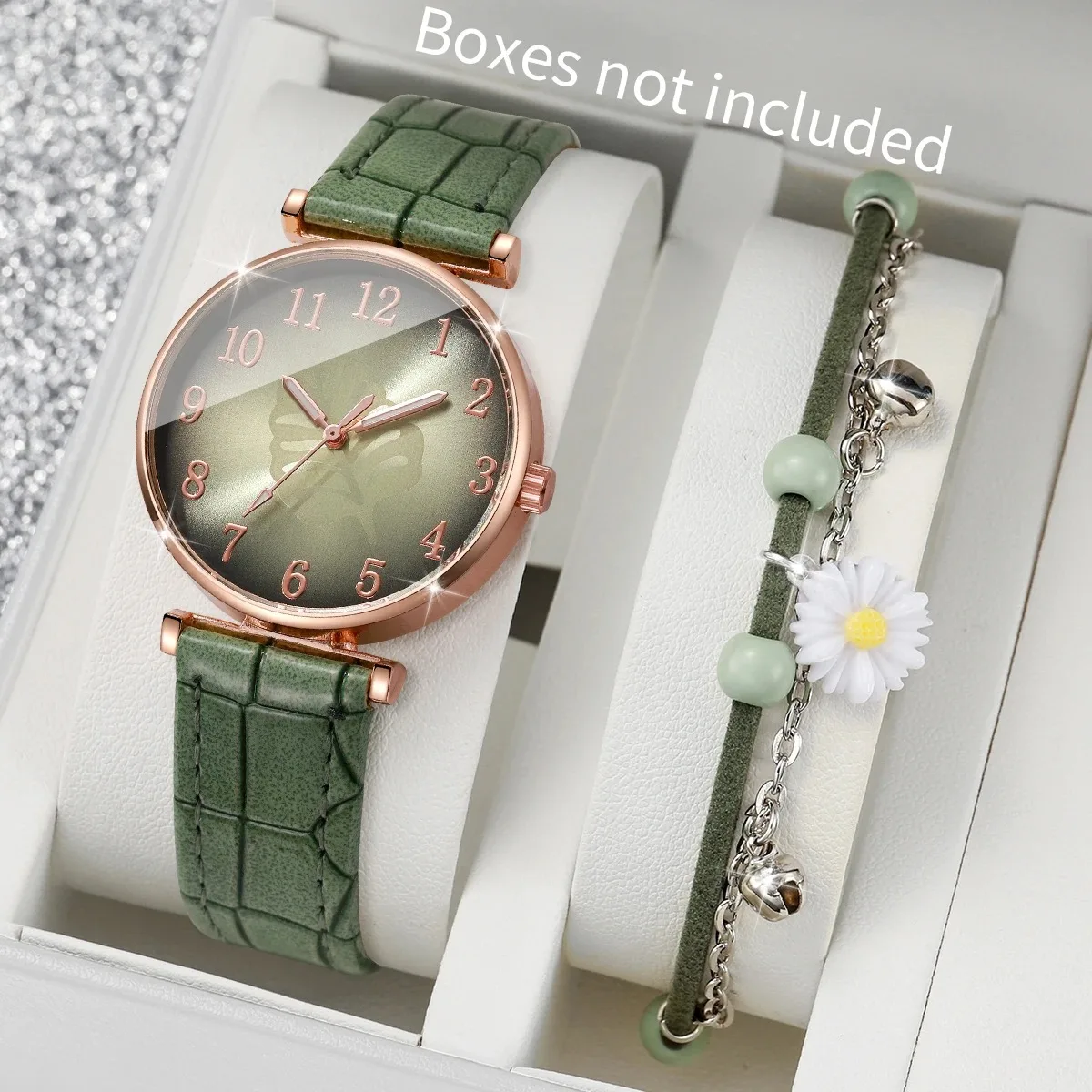 

2 шт./компл. Элегантные женские часы с циферблатом в виде листа, кожаный ремешок, кварцевые часы, набор с браслетом в виде цветка, Reloj Mujer (без коробки)