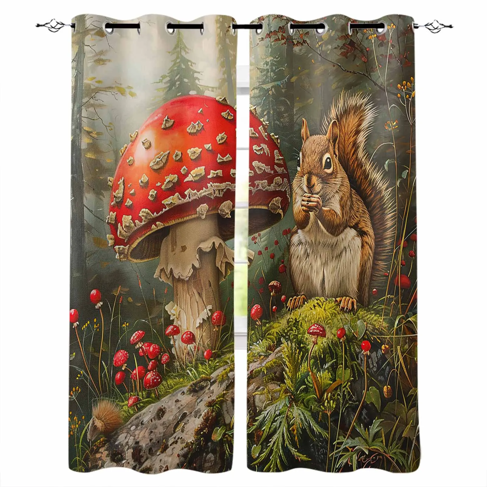 Autumn Forest Mushroom Squirrel Curtains for Living Room Window Decoration Curtains in Home Kitchen Luxury Bedroom Drapes