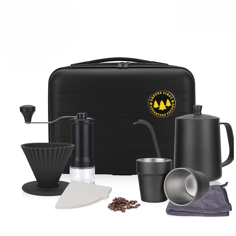 26-Year-old New Hand-brewed Coffee Set Outdoor Camping Simple Stainless Steel Coffee Set 9-piece Set
