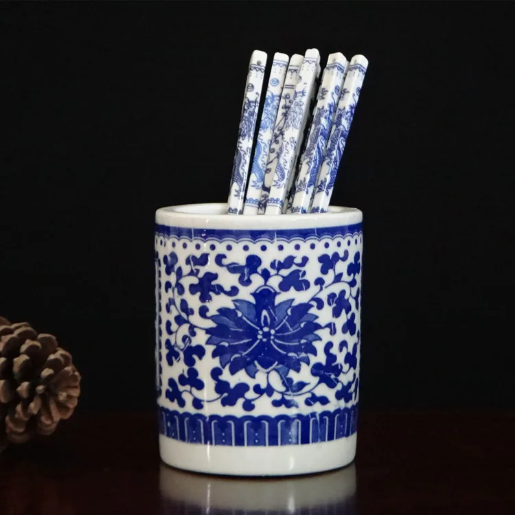 Ceramic Pen Holder Blue and White Porcelain Chopstick Holder Stationary Utensils Brush Holder Restaurant Dining Chopstick Holder