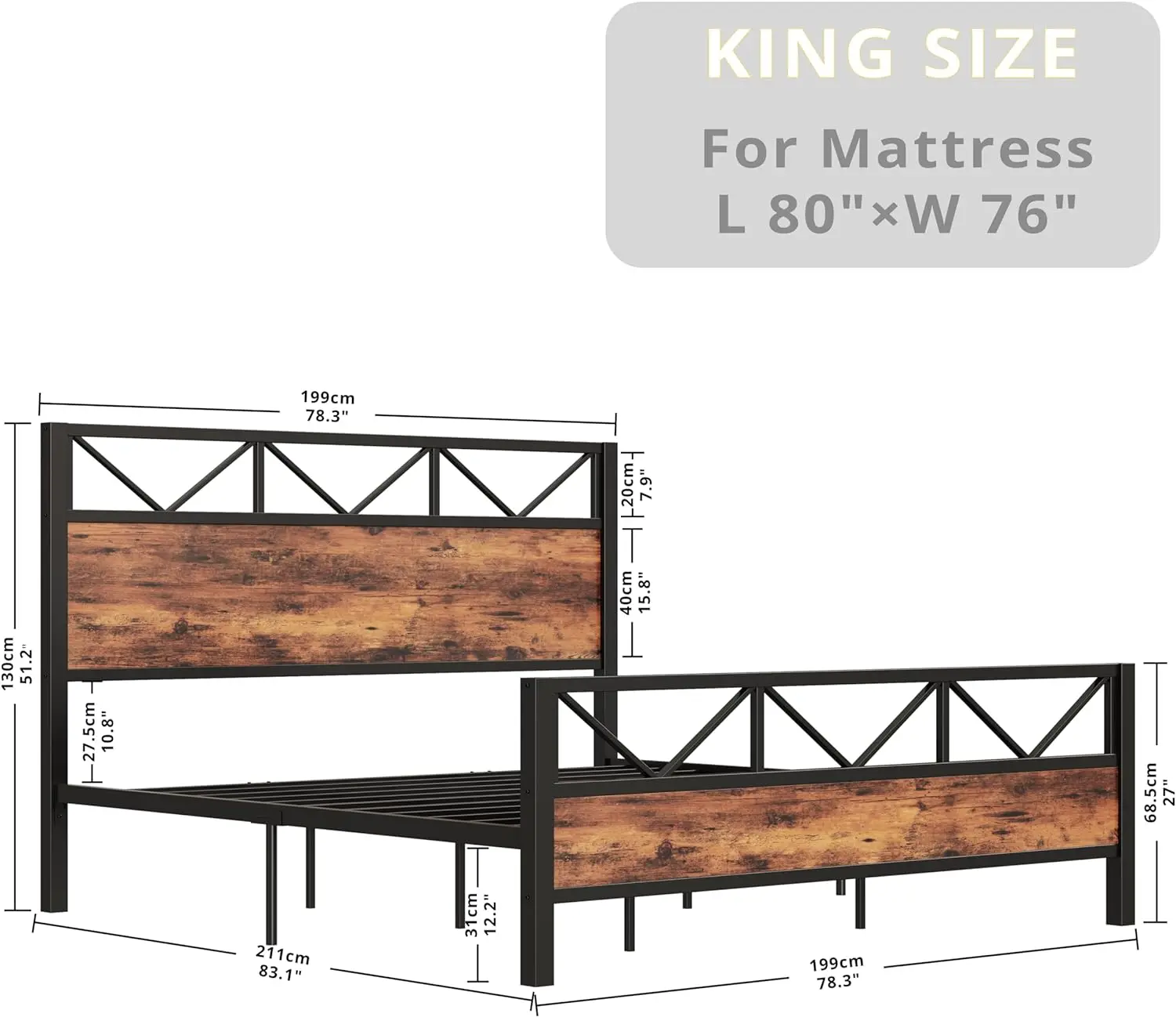 Cadre de lit king king-size, planche de sauna industrielle haute, cadre de lit à plateforme avec support en métal pour la baignade, solide et stable, aucun ressort de boîte nécessaire