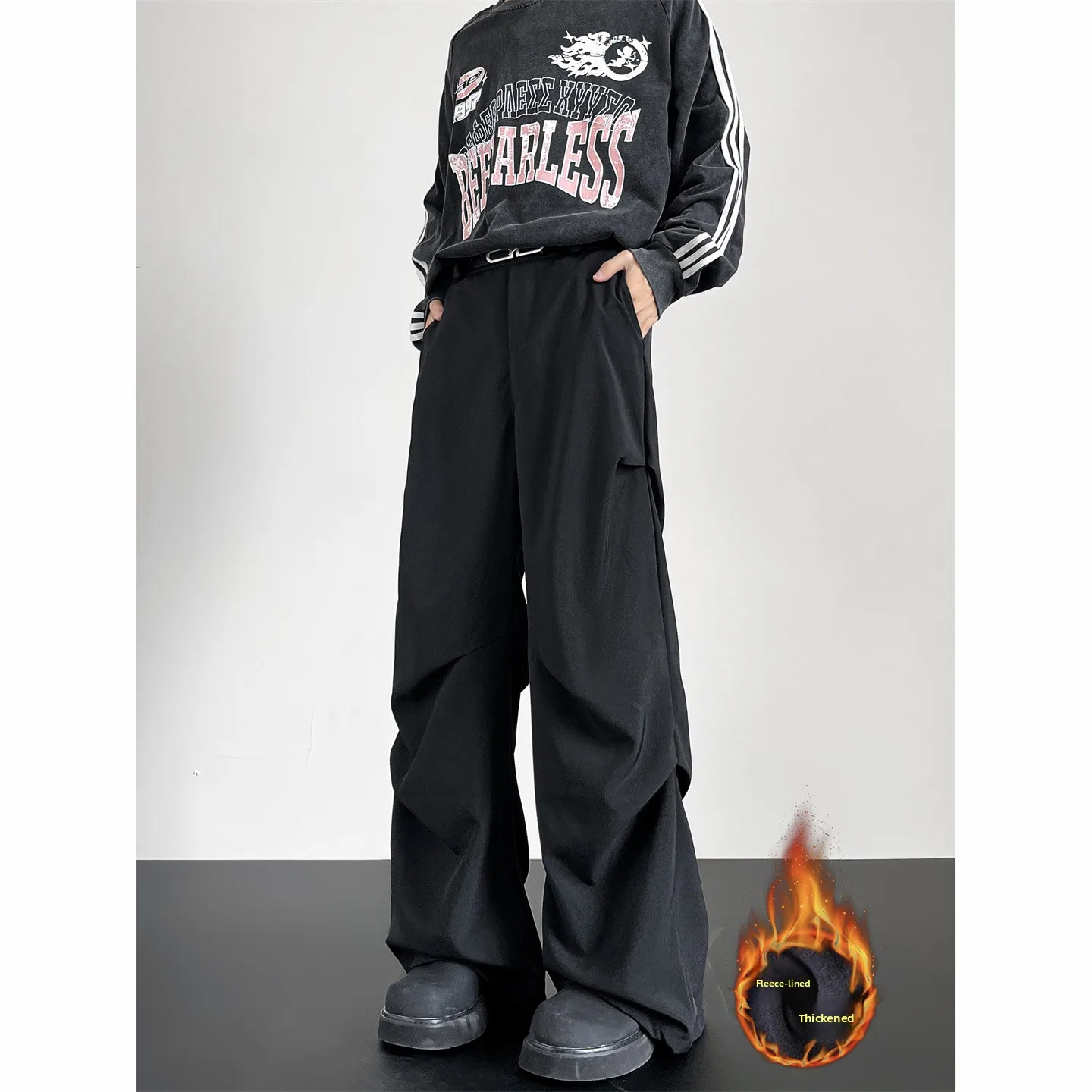 

American High Street Pleated Bla Micro Flared Men's Fce Lined Thiened Unique Design Drapey Versatile Casual Pants