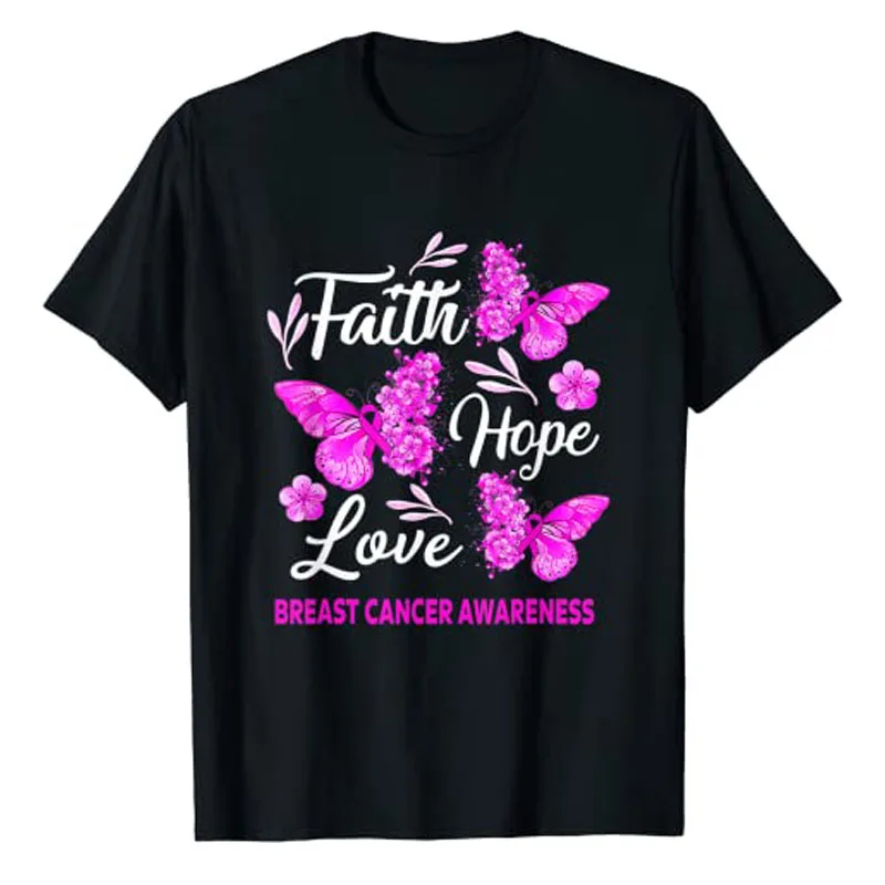 

Woman Breast Cancer Awareness Faith Hope Love Butterfly T-Shirt Aesthetic Clothes Graphic Tee Tops Short Sleeve Cotton Outfits