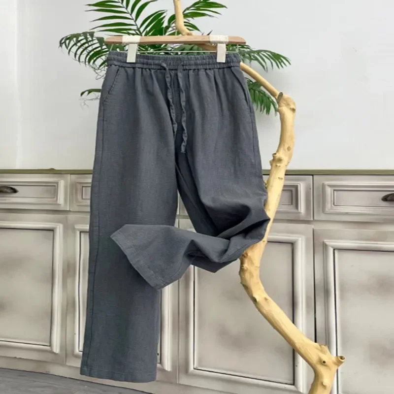 

2025 Summer New High end Trendy Brand Pure Cotton and Hemp Fashion Casual Pants Men's Loose Large Thin Straight Sports Pants