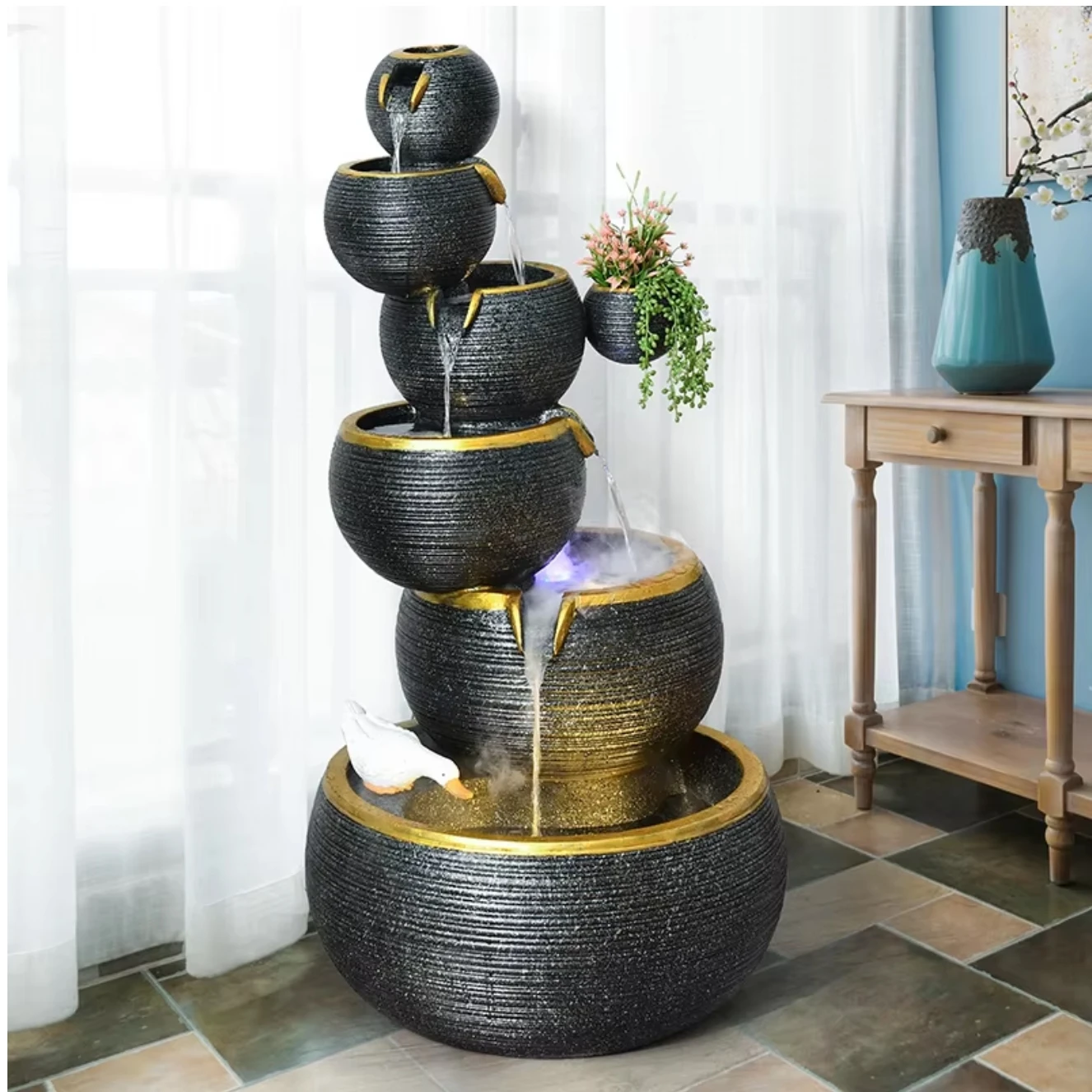 Custom 6-Tier Solar Powered LED Light Outdoor Fountain Luxury Artificial Resin Waterfall Statue Decoration