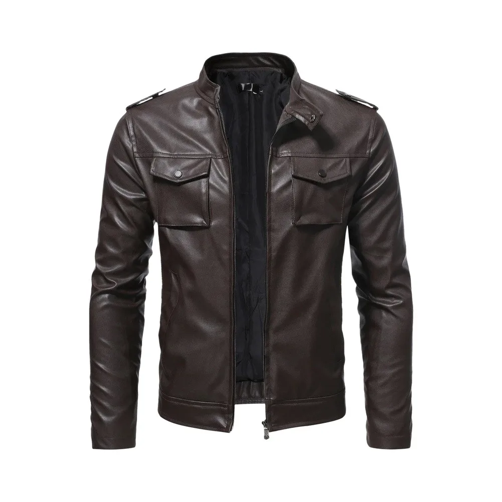 Regular Length Outerwear Men PU Leather Jacket For Autumn Outdoor Activities Long Sleeve Style Slim-fit Pattern