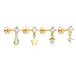 BOAKO S925 Sterling Silver Star Flower Shaped Dangle Earrings For Women 1pc Zircon Pearl Earrings For Women Girl Wedding Gift