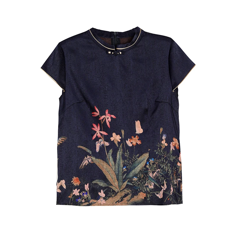 Seda ort sve camiseta feminina verão nova impressão high-end fibra de poliéster seda da mãe pequena irt marca chinesa