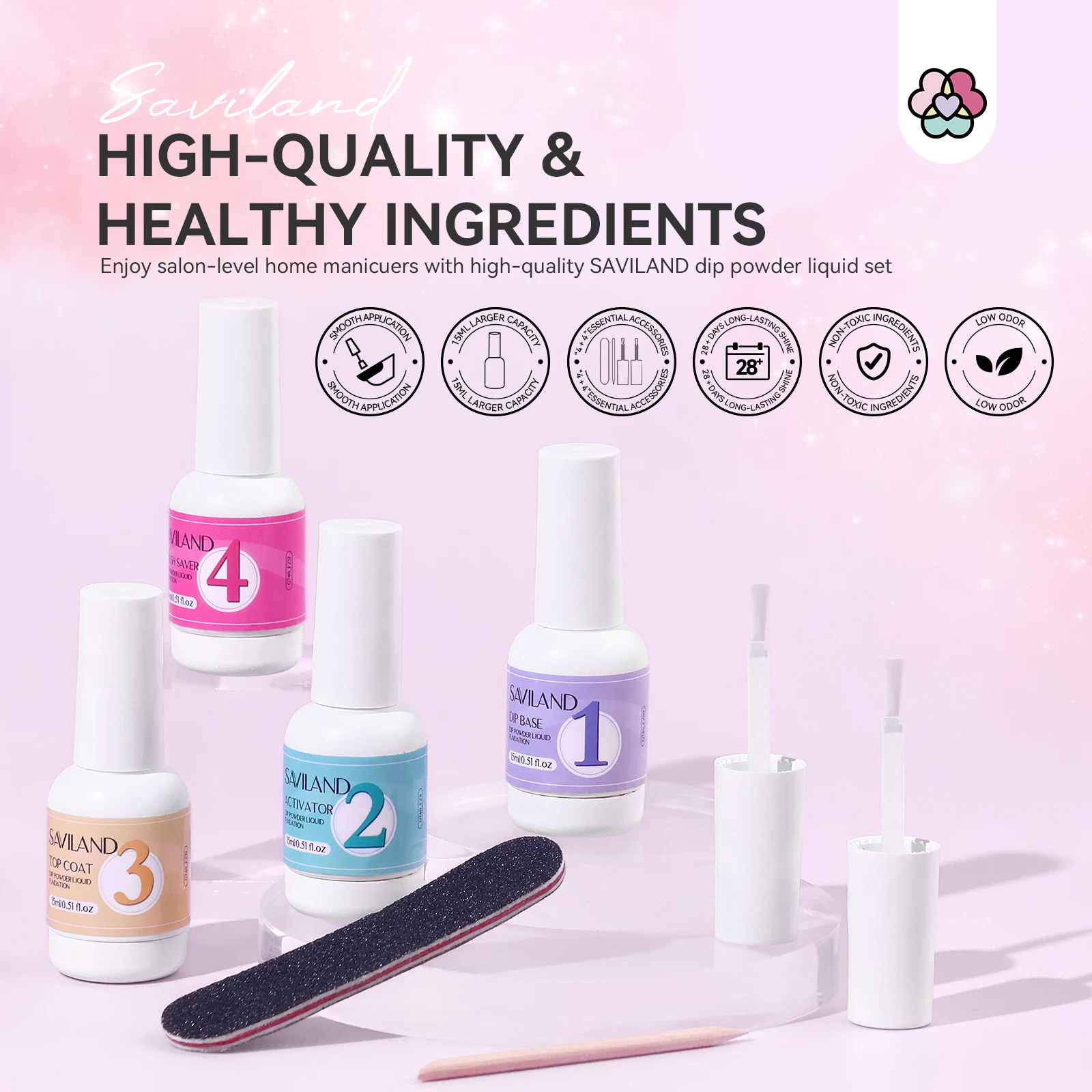 SAVILAND 15ml Dipping Powder System Liquid Set Base Top Coat Activator Brush Nail Art Natural Dry Without Lamp Cure Dip Powder