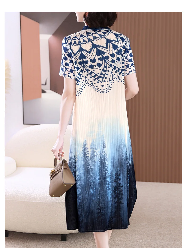 Miyake Pleated Dress Women 2024 Spring New Fashion Printed Stand Collar Short Sleeves Loose Large Size Elegant Mid-length Skirt