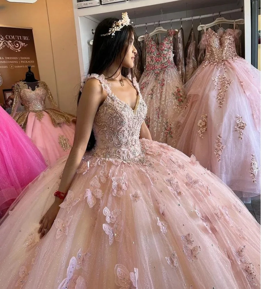 Pink Princess Quinceanera Dresses Ball Gown Spaghetti Straps Appliques Sweet 16 Dresses 15 Años Mexican