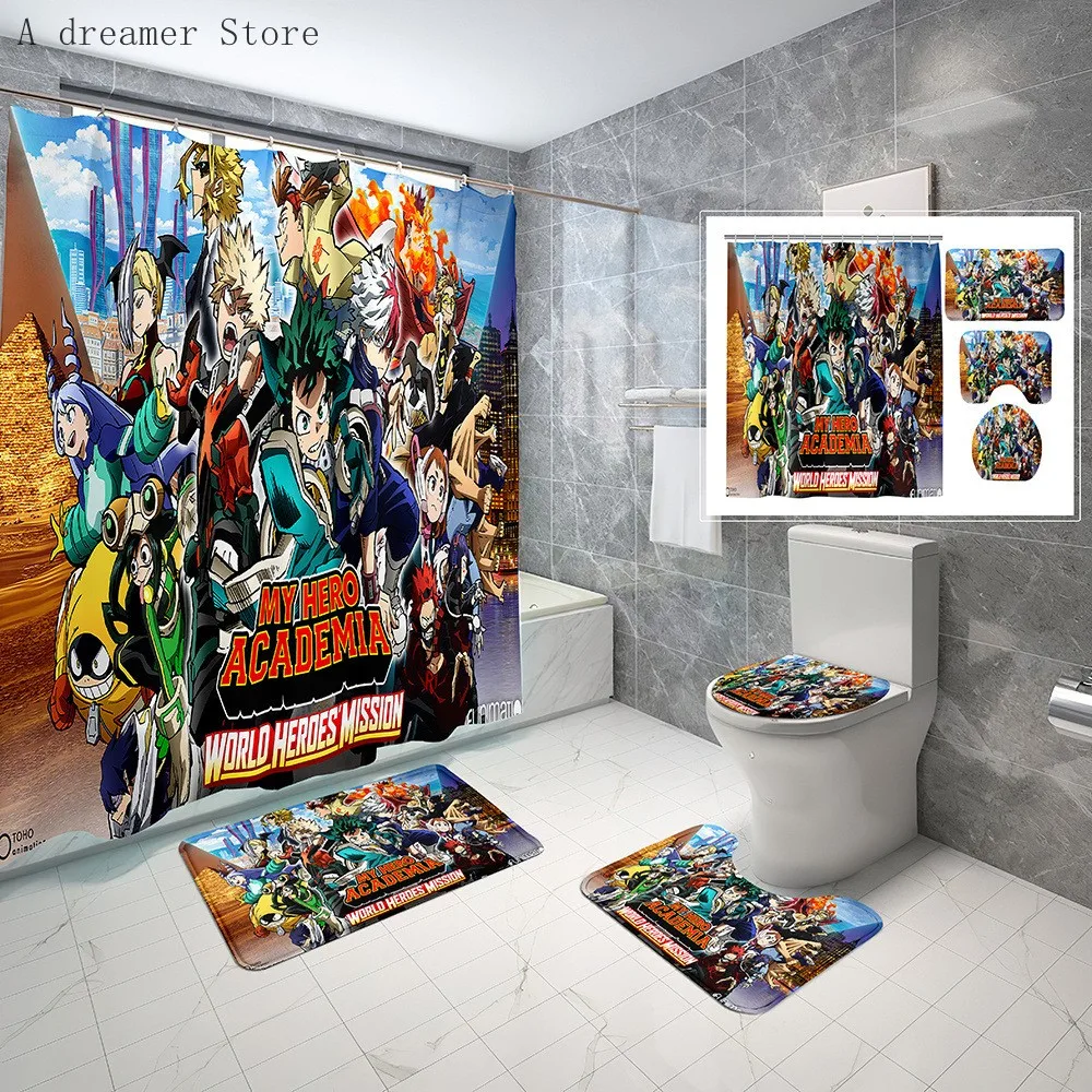 Anime Printed My Hero Academy Shower Curtains Waterproof Fabric Screenery Bathroom Rug Mats Set with Hooks Decor 180x180cm