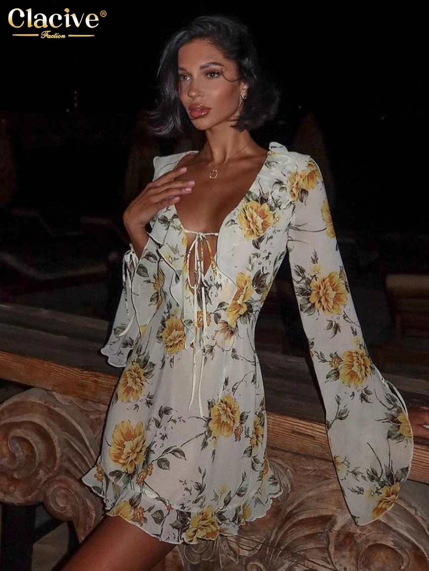 Clacive Sexy Loose Print Women's Dress 2025 Fashion Deep V-Neck Long Sleeve Mini Dresses Elegant Chic Lace-Up Female Dress