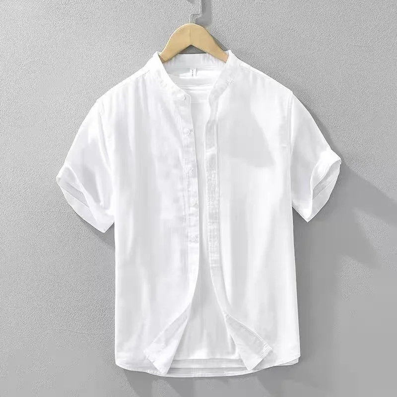 Cotton Linen Short Sleeve Shirt Men's Summer Thin Casual Stand Collar Vintage  Color Top Breathable Loose Fit Travel Wear