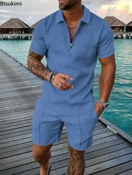 Nuevo 2024 traje Polo para hombre, conjuntos de moda para hombre, camisa POLO de manga corta con cremallera y cuello en V liso de verano + Pantalones cortos, traje informal de dos piezas para hombre