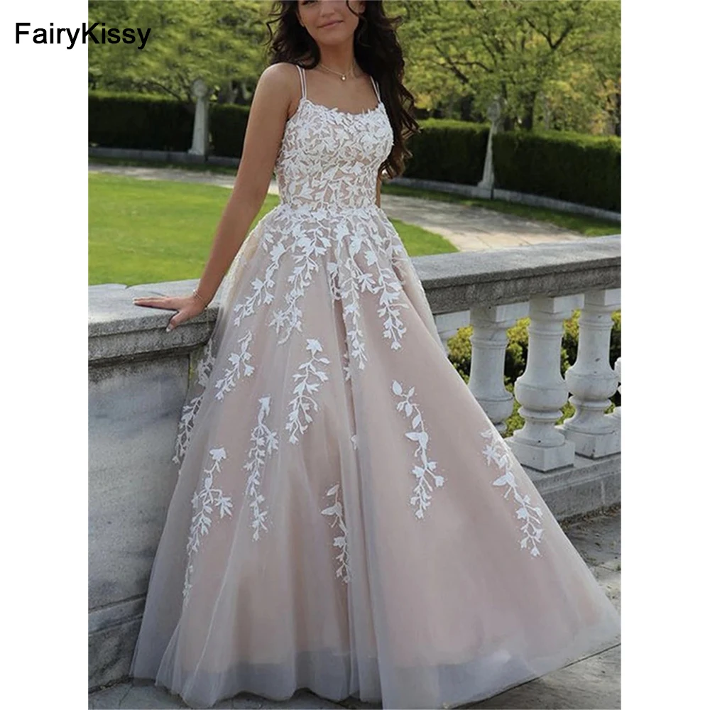FairyKissy Champagne Lining Women Wedding Dresses Vintage Spaghetti Straps Appliques A Line Tulle Bridal Gown Custom Made