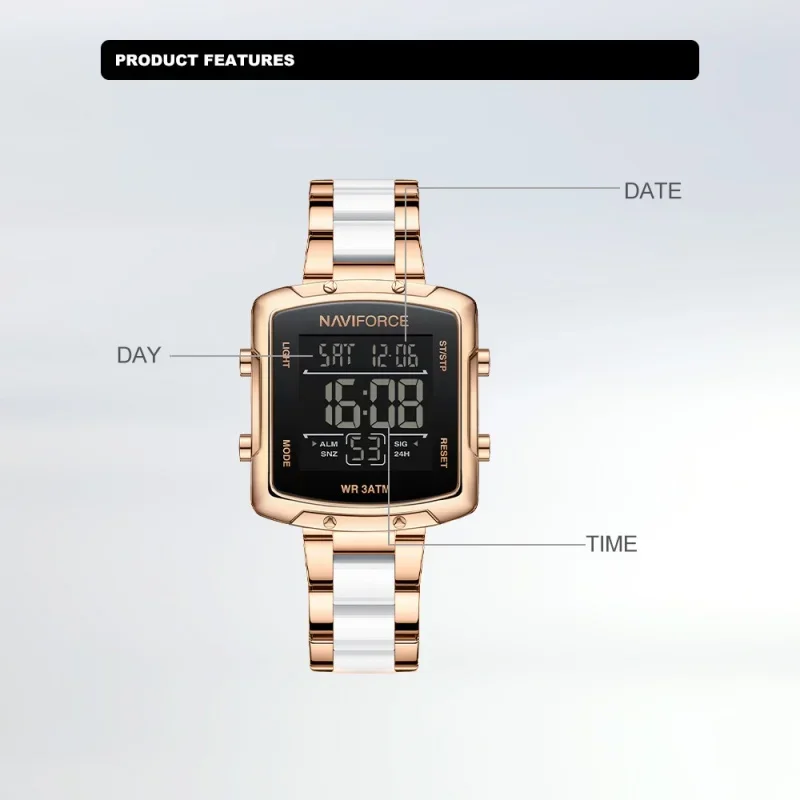 

NAVIFORCE Women's Elegant Digital Watches Alarm Clock Stopwatch Time Display 3ATM Waterproof LCD Lighting Ladies Leisure Watches