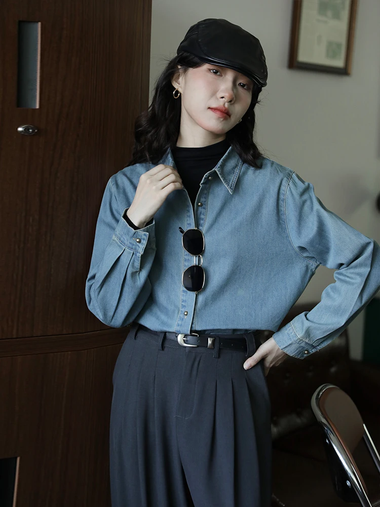 

Синий пригородный винтажный свободный длинный све женский джинсовый топ осень-зима новый дизайн элитный топ из смеси хлопка и полиэстера