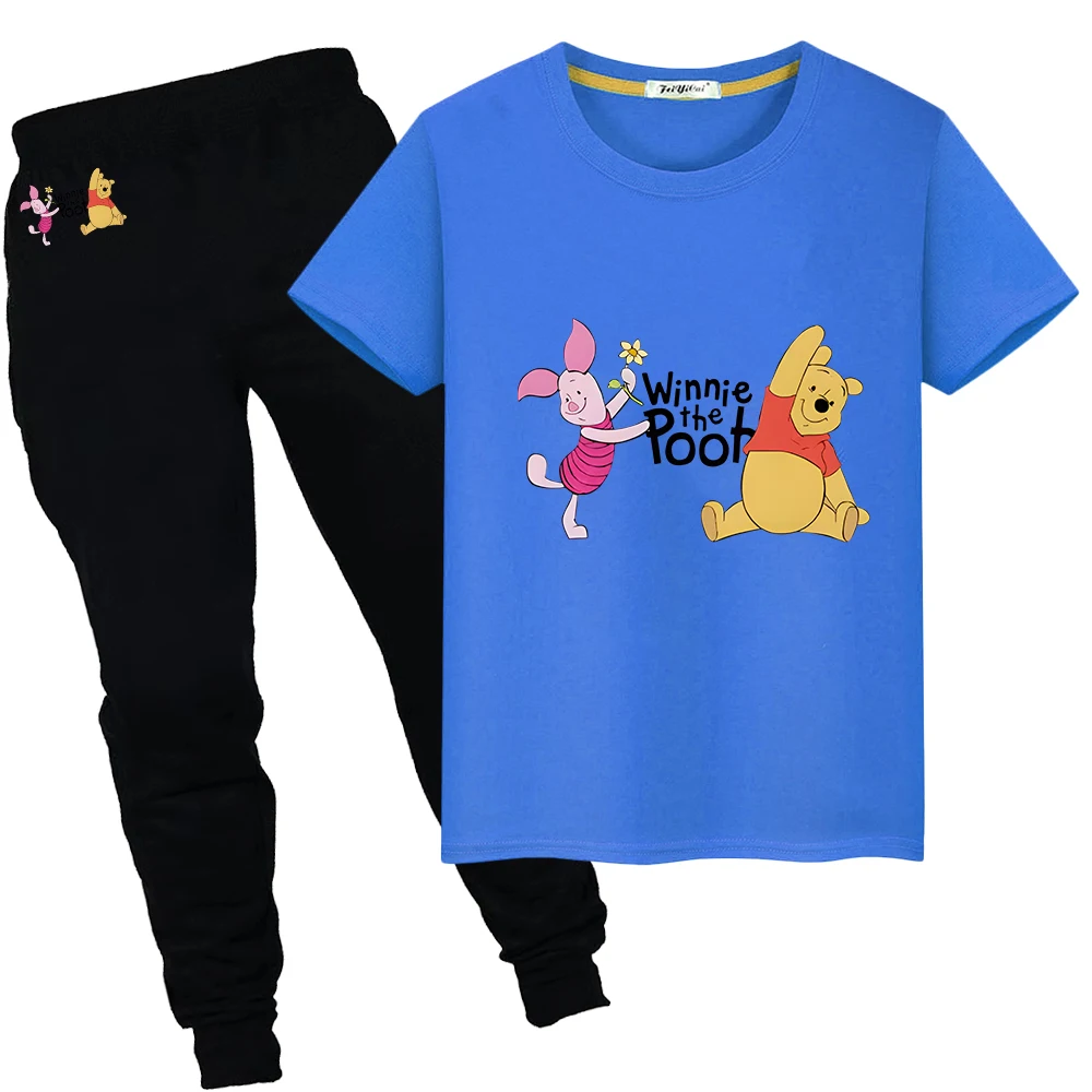 

Pooh Bear boys girls clothes Print 100%Cotton Kawaii T-shirt Summer Sports Sets Disney Cute Tshirts Short+pant kid holiday gift