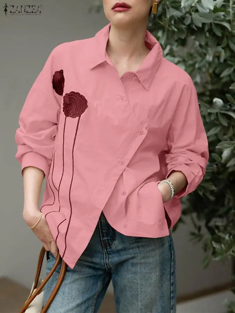 ZANZEA 2022, осенние рубашки с цветочным принтом, женские элегантные топы с лацканами и длинными рукавами, элегантная офисная блузка на пуговицах, Blusas