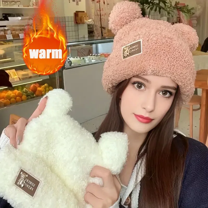 

Cute Bear Ear Plush Knit Beanie Hat for Women Warm Furry Winter Headwear Non Elastic Soft Fisherman Style Cold Weather Cap
